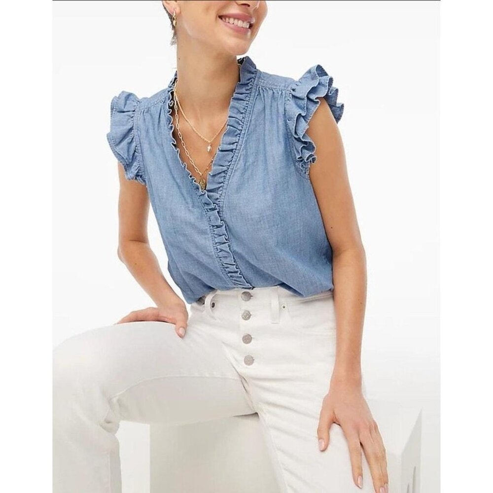 J. Crew Factory Blue Ruffle Sleeve Blouse